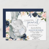 赤面ピンクネービーブルーエレファント男女兼用ベビー 招待状 (正面/裏面)