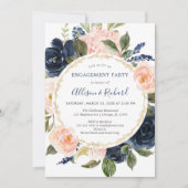 赤面ピンクネービーブルー金ゴールドエレガント婚約パーティ 招待状 (正面)