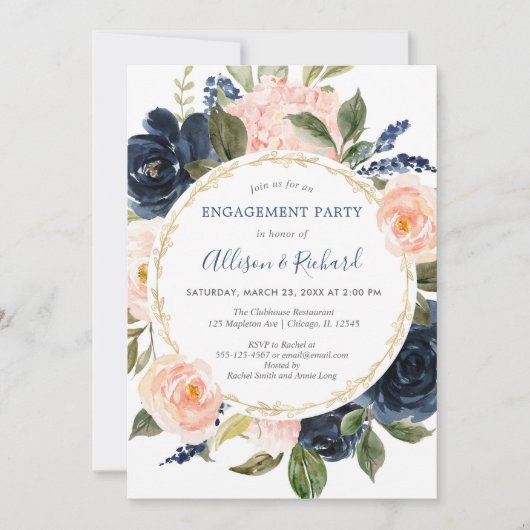 赤面ピンクネービーブルー金ゴールドエレガント婚約パーティ 招待状 (正面)