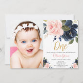 赤面ピンクネービーブルー金ゴールドガール1歳の誕生日写真 招待状 (正面)