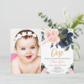 赤面ピンクネービーブルー金ゴールドガール1歳の誕生日写真 招待状 (スタンド正面)