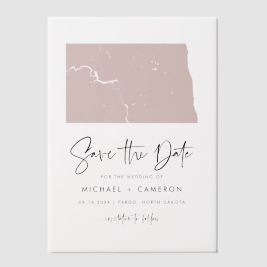 赤面ピンクノースダコタミニマリスト日付を保存 ベラム紙招待状 (正面)
