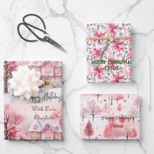 赤面ピンクハウスクリスマスツリーポインセチアカスタム ラッピングペーパーシート (正面)