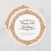 赤面ピンクハッピー50th誕生日金ゴールド宝石グラム 招待状 (正面/裏面)