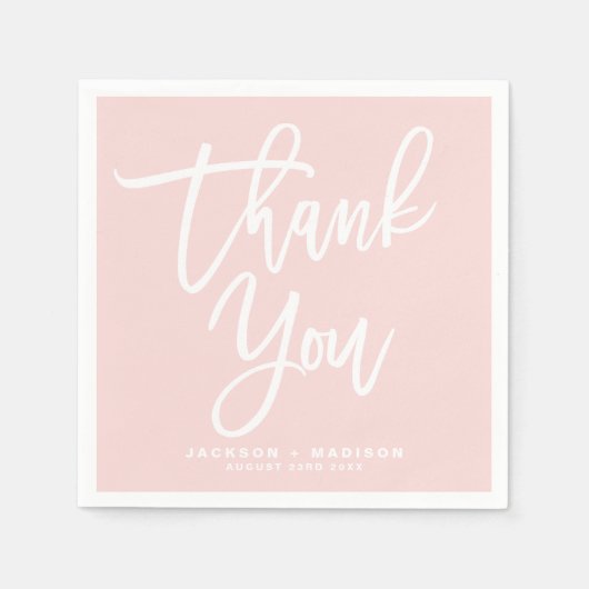 赤面ピンクハンドレタースクリプトありがとう スタンダードカクテルナプキン (正面)