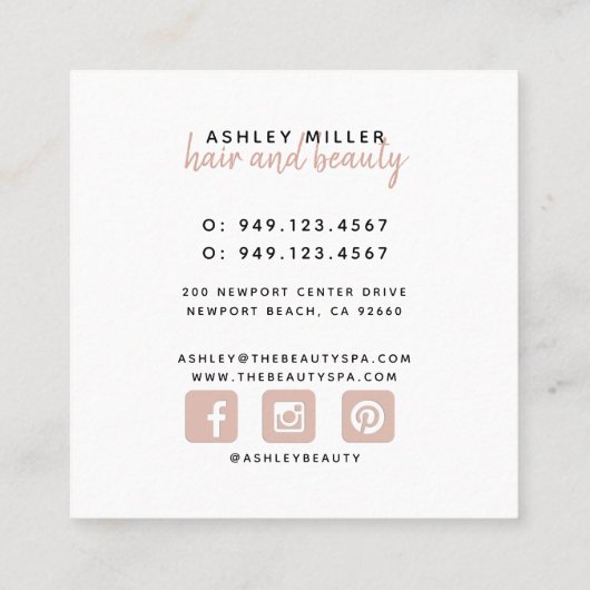 赤面ピンクハンドレタースクリプトマーブルサロン爪、 ネイル スクエア名刺 (裏面)