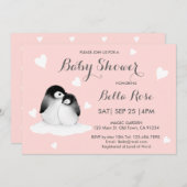 赤面ピンクハートペンギンベビーシャワー招待状 (正面/裏面)