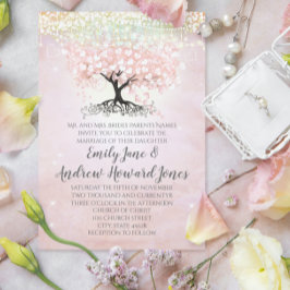 赤面ピンクハートリーフツリーカントリーウェディング 招待状