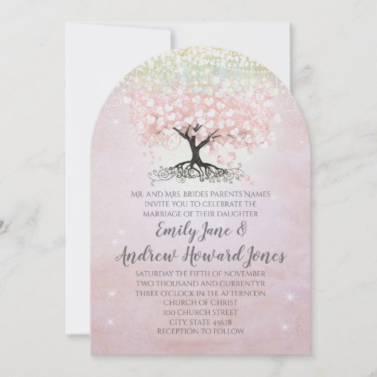 赤面ピンクハートリーフツリーカントリーウェディング 招待状 (正面)