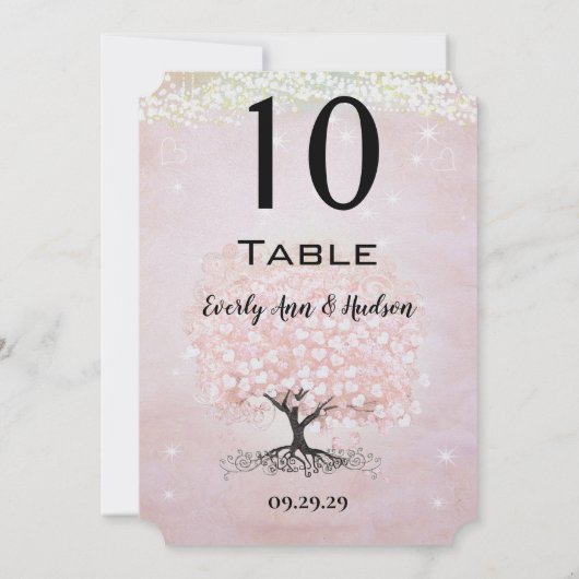 赤面ピンクハートリーフツリーテーブル番号 招待状 (裏面)