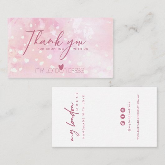 赤面ピンクハート水彩ありがとう 名刺 (正面/裏面)