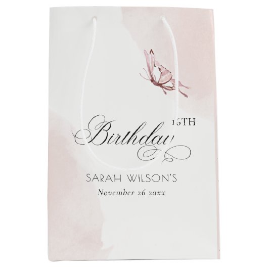 赤面ピンクバタフライエイジ誕生日へようこそ ミディアムペーパーバッグ (正面)