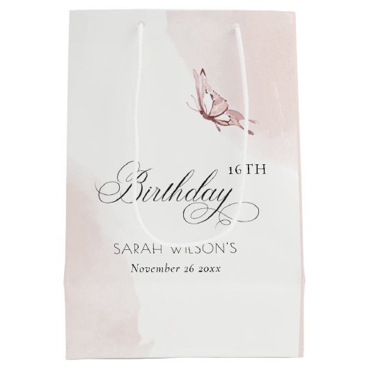 赤面ピンクバタフライエイジ誕生日へようこそ ミディアムペーパーバッグ (裏面)