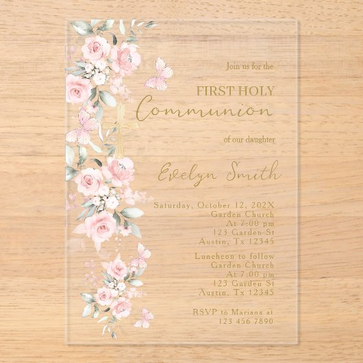 赤面ピンクバタフライファーストコミューオンガール アクリル招待状 (正面)