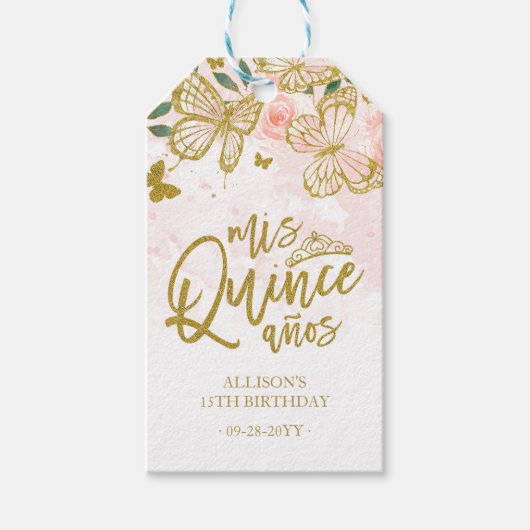 赤面ピンクバタフライフローラキンセアニェラパーティー ギフトタグ (正面)