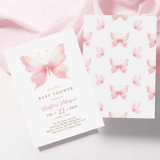 赤面ピンクバタフライベビーシャワー招待状 招待状