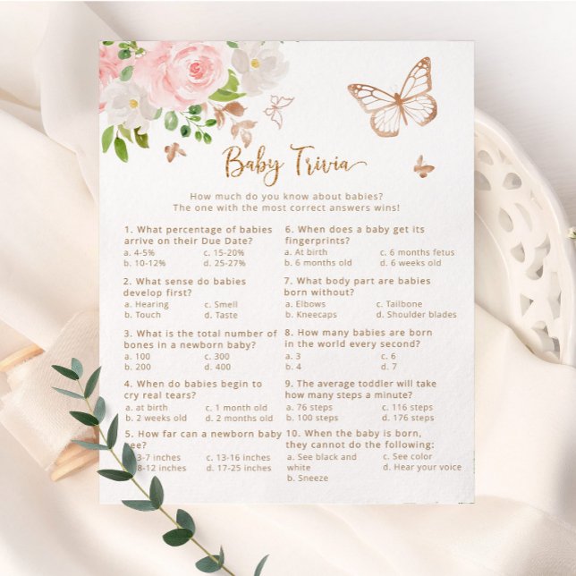 赤面ピンクバタフライベビートリビア赤ちゃんシャワーゲーム (クリエイターアップロード済み)