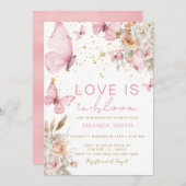 赤面ピンクバタフライラブイン開花ブライダルシャワー 招待状 (正面/裏面)