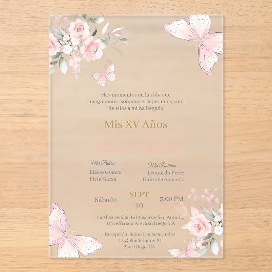 赤面ピンクバターフライキンセアニェラ アクリル招待状 (正面)