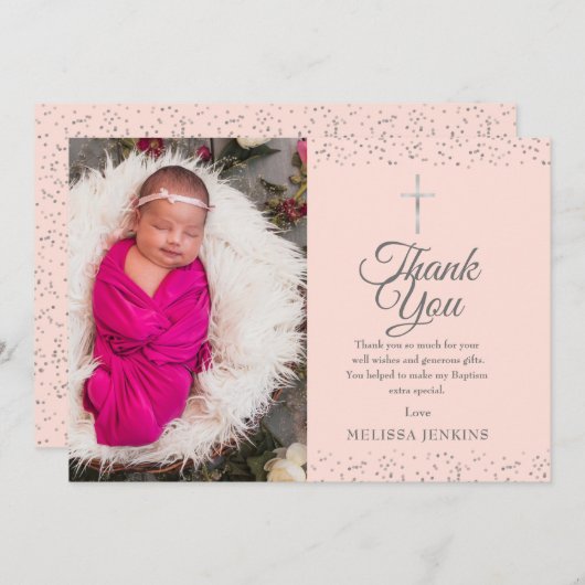 赤面ピンクバプティスマ写真シルバーありがとう サンキューカード (正面/裏面)