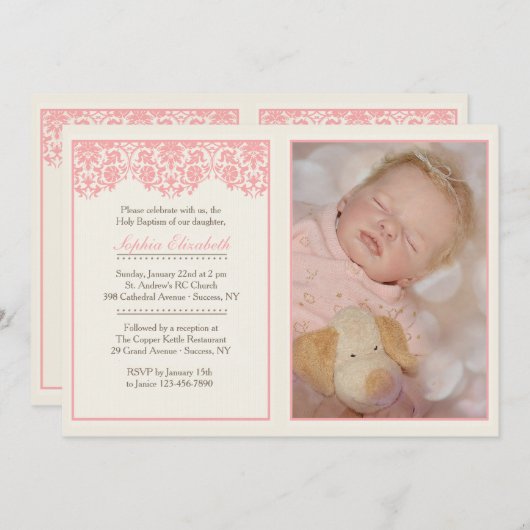 赤面ピンクバプテスマ写真招待状 招待状 (正面/裏面)