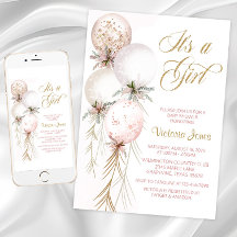 赤面ピンクバルーンベビーシャワー招待状