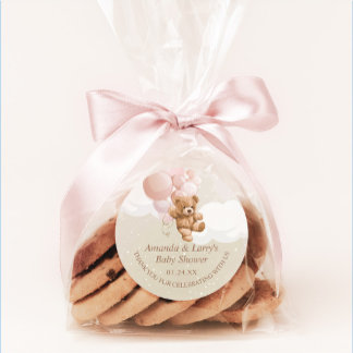 赤面ピンクバルーン付きテディベア ラウンドシール