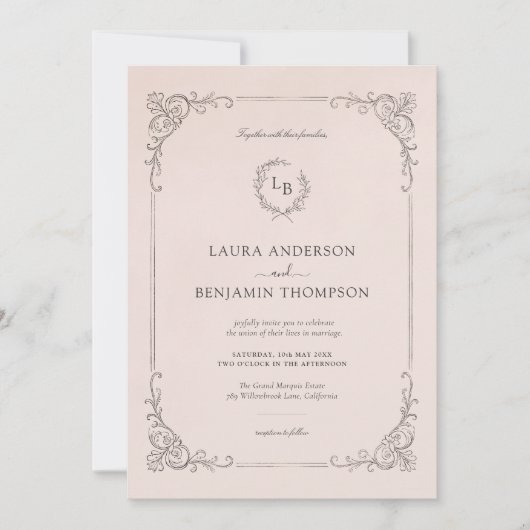 赤面ピンクバロックフレームI結婚式招待状 招待状 (正面)