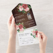 赤面ピンクバーガンディフローラランタンウッド結婚ズ オールインワン招待状 (貼ってはがせる)