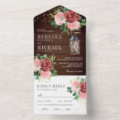 赤面ピンクバーガンディフローラランタンウッド結婚ズ オールインワン招待状 (内側)