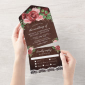 赤面ピンクバーガンディフローラレースバーンウッド結婚ズ オールインワン招待状 (貼ってはがせる)