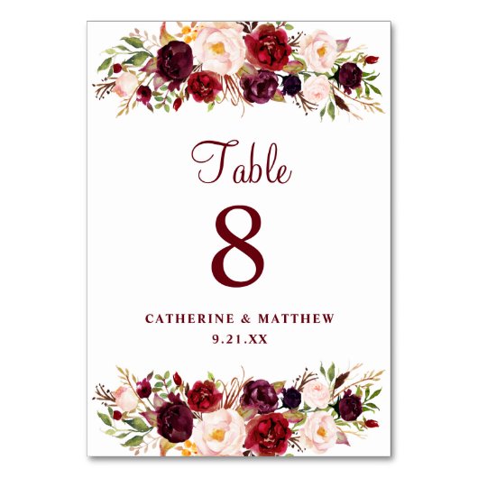 赤面ピンクバーグンディエレガントフローラ結婚ズ テーブルナンバー (裏面)