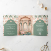 赤面ピンクパステルグリーンロータスポンドインディアン結婚ズ 三つ折り招待状 (内部)