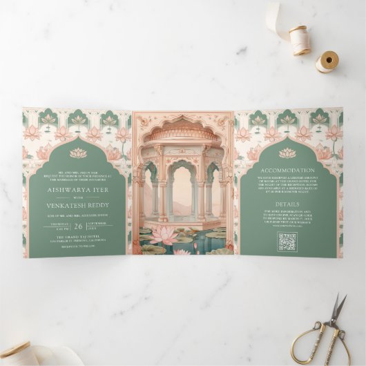 赤面ピンクパステルグリーンロータスポンドインディアン結婚ズ 三つ折り招待状 (内部)