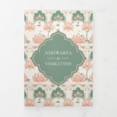赤面ピンクパステルグリーンロータスポンドインディアン結婚ズ 三つ折り招待状 (カバー)
