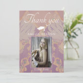 赤面ピンクパターン卒業写真卒業 サンキューカード (スタンド正面)