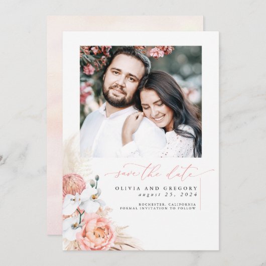 赤面ピンクパンパスグラス日付写真を保存 セーブザデート (正面/裏面)