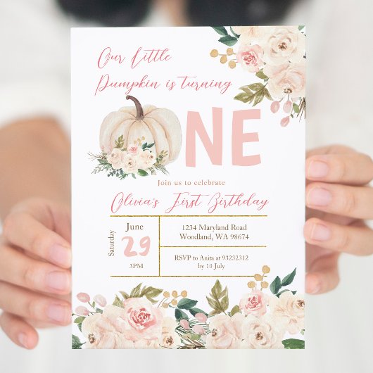 赤面ピンクパンプキンターニングワン誕生日 招待状