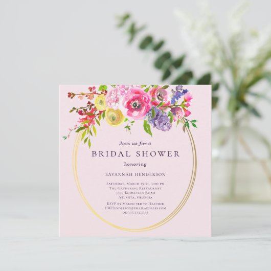 赤面ピンクパープルイエローフローラブライダルシャワーインビ 招待状 (スタンド正面)