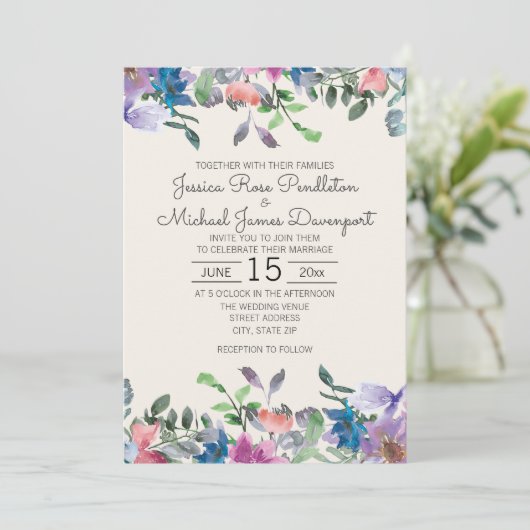 赤面ピンクパープルウォーターカラーガーデンフローラ結婚ズ 招待状 (スタンド正面)