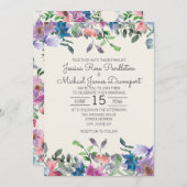 赤面ピンクパープルウォーターカラーガーデンフローラ結婚ズ 招待状 (正面/裏面)