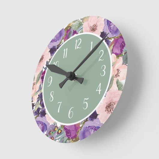 赤面ピンクパープルウォーターカラーフローラセージグリーン ラウンド壁時計 (傾斜)