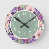 赤面ピンクパープルウォーターカラーフローラセージグリーン ラウンド壁時計 (正面)