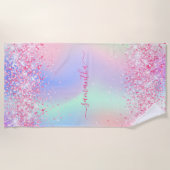 赤面ピンクパープルグリッターダストホログラフィック名 ビーチタオル (正面)