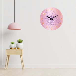 赤面ピンクパープルグリッターダストメタルネームスクリプト ラージ壁時計