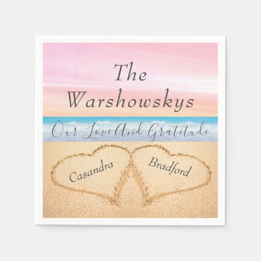 赤面ピンクパープルビーチ結婚式2砂のハート スタンダードカクテルナプキン (正面)