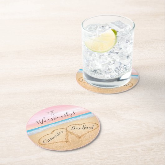 赤面ピンクパープルビーチ結婚式2砂のハート ラウンドペーパーコースター (インサイチュ)