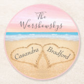 赤面ピンクパープルビーチ結婚式2砂のハート ラウンドペーパーコースター (正面)