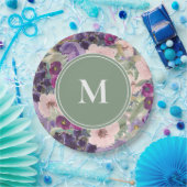 赤面ピンクパープルフラワーズセージグリーンモノグラム ペーパープレート (パーティー)