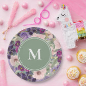 赤面ピンクパープルフラワーズセージグリーンモノグラム ペーパープレート (パーティー)